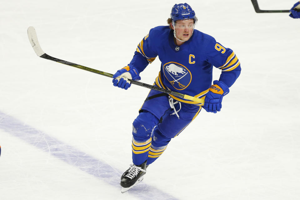 Buffalo Sabers forward Jack Eichel (9) during the third period of an NHL hockey game against the New York Islanders, Tuesday, Feb. 16, 2021, in Buffalo, N.Y. (AP Photo/Jeffrey T. Barnes )