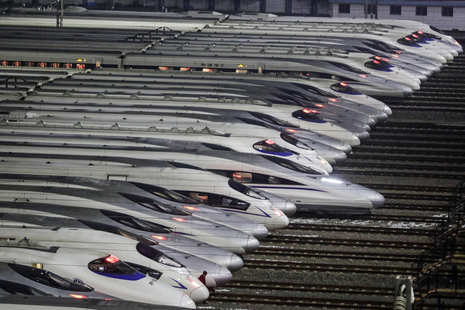 <p>Hundreds of high-speed trains at a maintenance base wait to set out on the first day of the 40-day Spring Festival Travel Peak on Feb. 1, 2018 in Wuhan, China. (Photo from Wang He/Getty Images) </p>