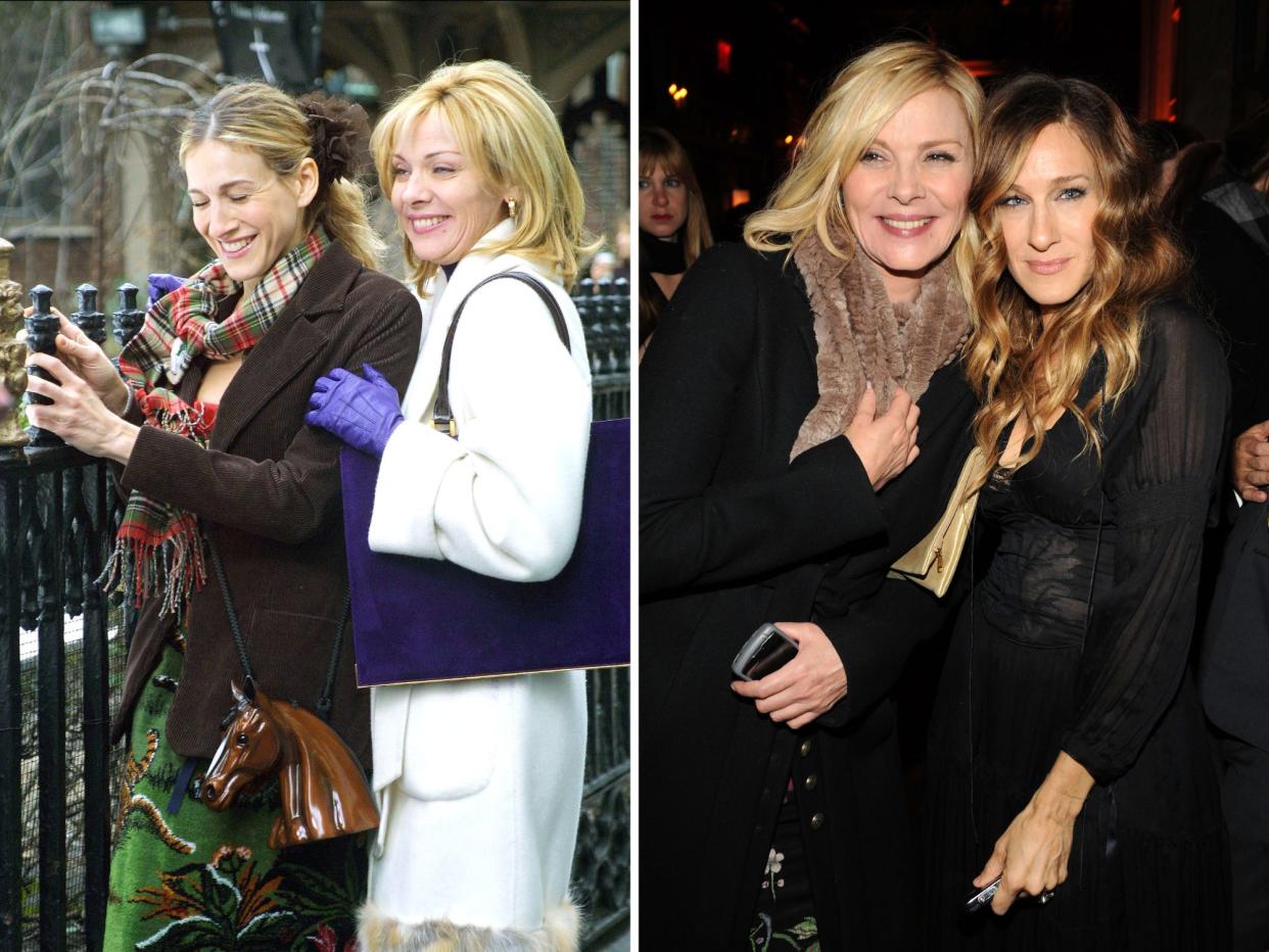 sarah jessica parker and kim cattrall on set of sex and the city and in 2009