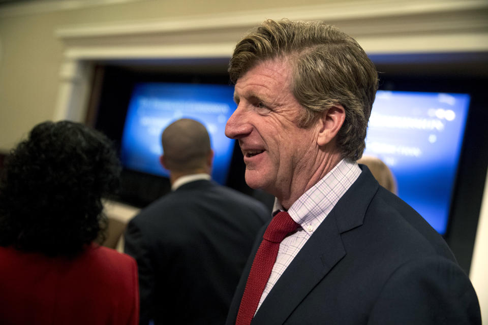 FILE - Former Rep. Patrick Kennedy, D-R.I. greets people as he arrives for a President's Commission on Combating Drug Addiction and the Opioid Crisis meeting, Sept. 27, 2017, in Washington. The 60th anniversary of President John F. Kennedy's assassination, marked on Wednesday, Nov. 22, 2023, finds his family, and the country, at a moment many would not have imagined in JFK's lifetime. Patrick Kennedy, son of Sen. Ted Kennedy and nephew of President Kennedy, agrees the current political atmosphere is far removed from the 1960s, when leaders such as JFK had a sense of “common purpose." But he still believes public office worth pursuing. (AP Photo/Andrew Harnik, File)