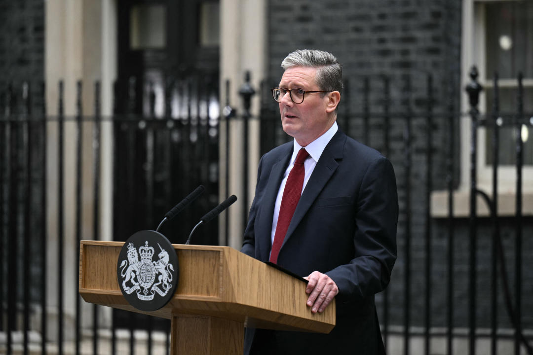 Britain's incoming Prime Minister Keir Starmer and leader of the Labour Party, stands at the podium as he addresses the nation following his general election victory, outside 10 Downing Street in London on July 5, 2024, a day after Britain held a general election.