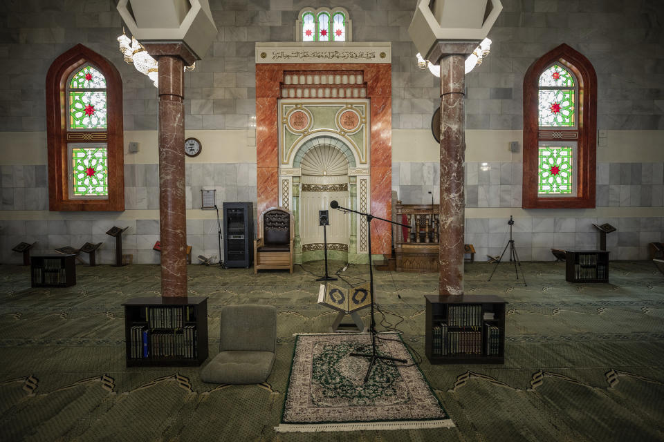 View of the prayer area of the Islamic Cultural Center and Mosque, empty due to social distancing guidelines in Madrid, Spain, on April 23, 2020. | Bernat Armangue—AP