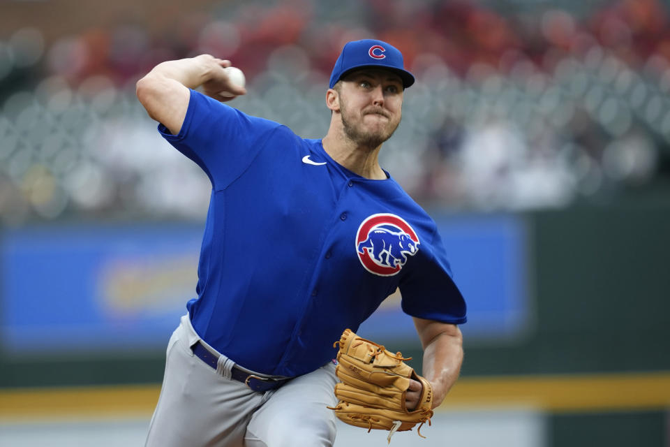 Chicago Cubs pitcher Jameson Taillon throws against the Detroit Tigers in the first inning of a baseball game, Wednesday, Aug. 23, 2023, in Detroit. (AP Photo/Paul Sancya)