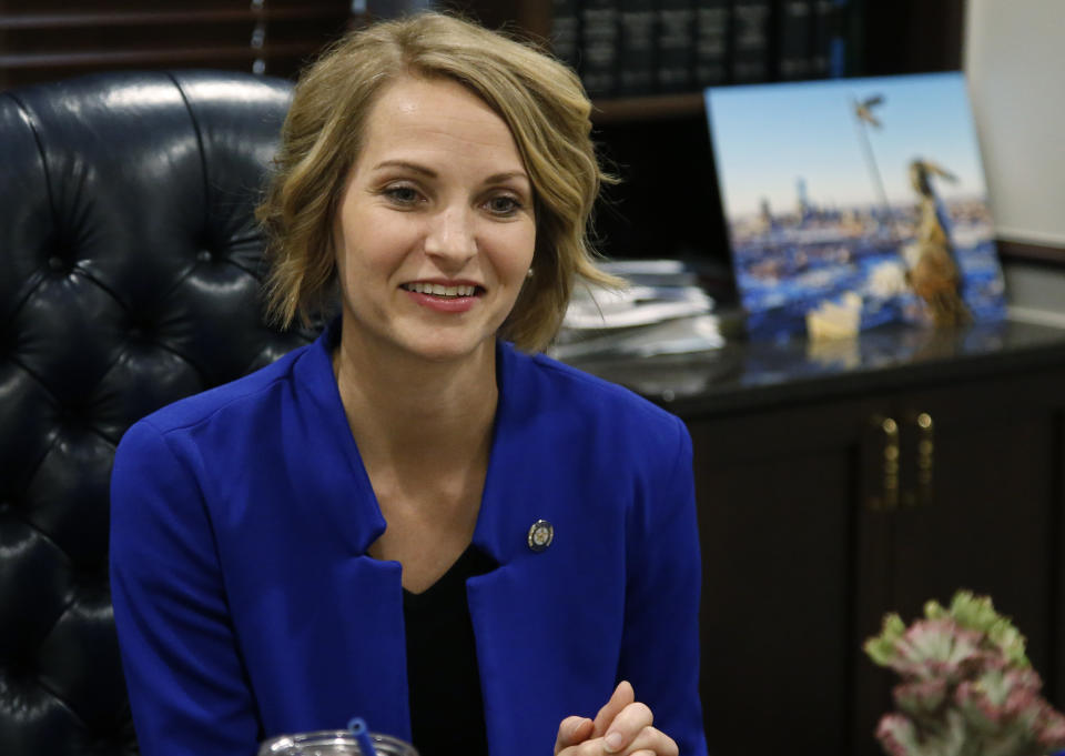 Oklahoma state Sen. Carri Hicks, D-Oklahoma City, listens to a question during an interview in her office Wednesday, May 8, 2019, in Oklahoma City. Hicks is a Democrat and former elementary school teacher who won what had been a Republican-held seat in northwest Oklahoma City last November. (AP Photo/Sue Ogrocki)