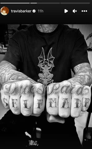 <p>Travis Barker/Instagram</p> Travis Barker's fresh knuckle tattoos