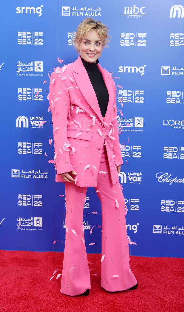 <p>All eyes were on Sharon Stone when she stepped out in this feathered pink suit from Jean-Louis Sabaji at the Red Sea International Film Festival.</p>