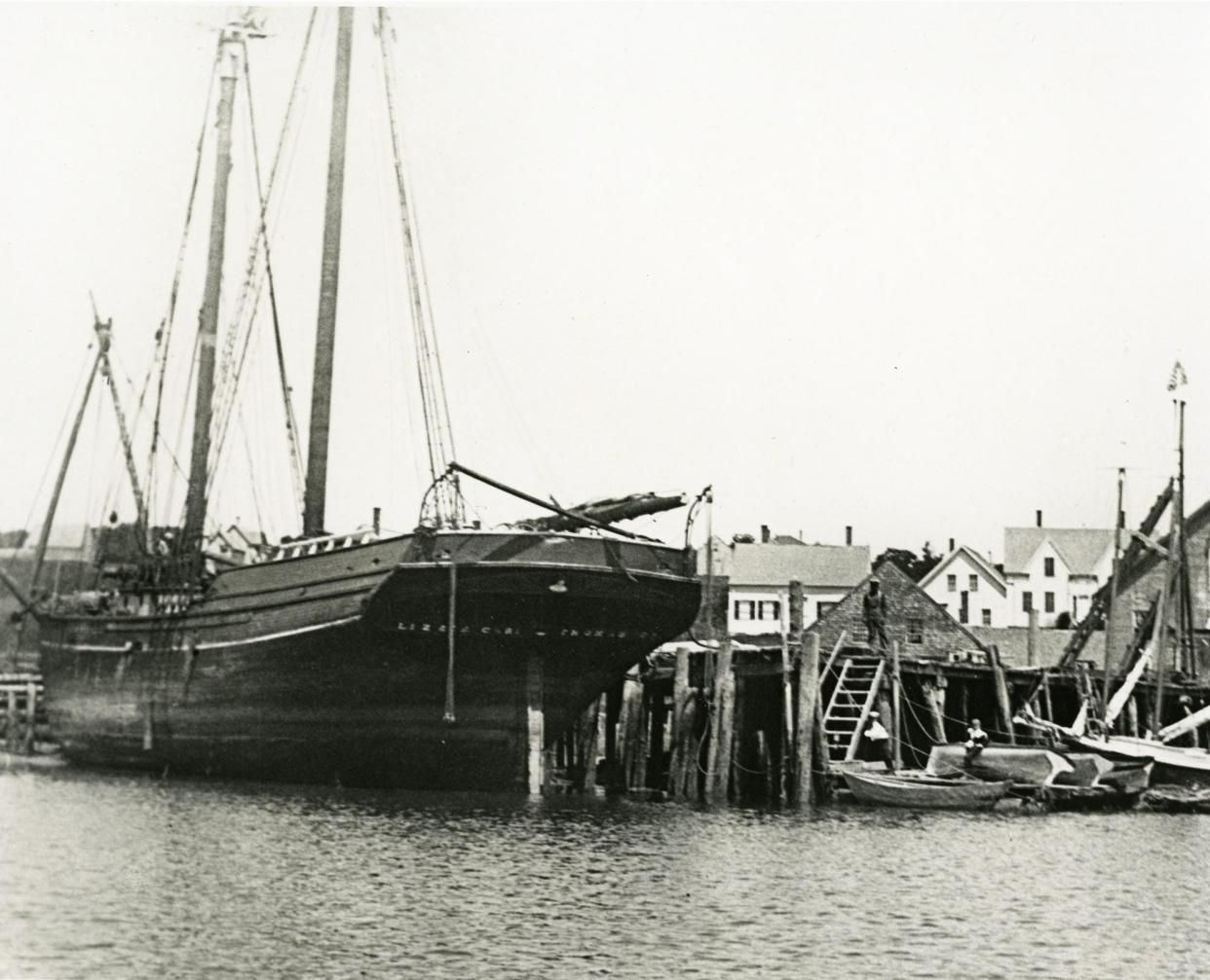 The Maine schooner Lizzie Carr is seen in port before her tragic 1905 wreck near Wallis Sands Beach in Rye.
