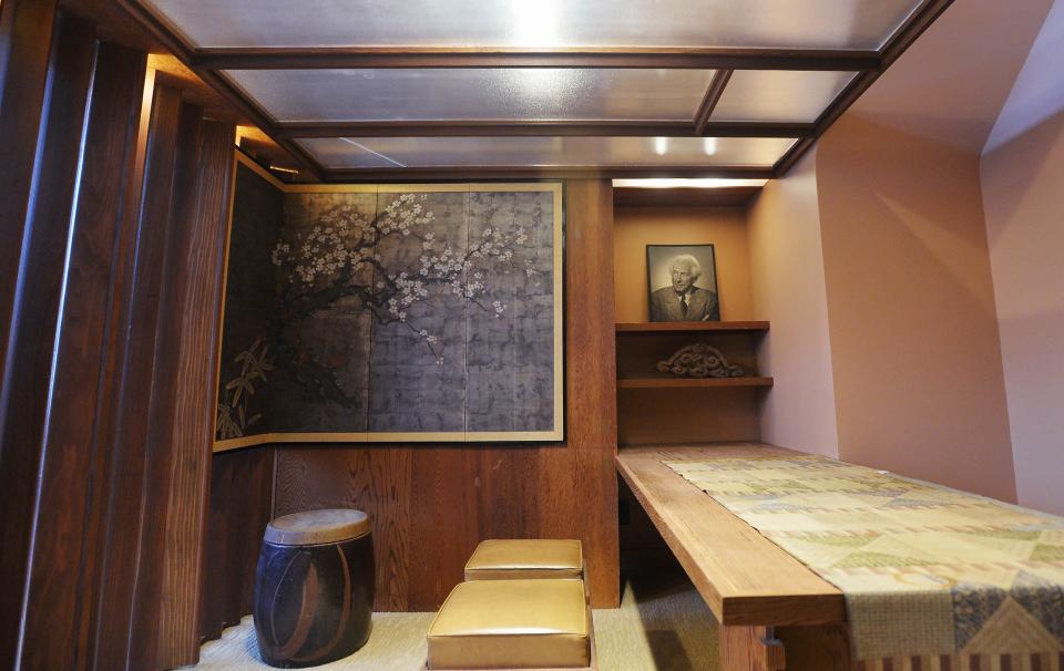 This is the reconstructed personal office space of famed architect Frank Lloyd Wright, inside the Hagen History Center exhibit center in Erie. The offices are displayed as closely as possible to the original space, including the chairs and table covering marked with several coffee stains.