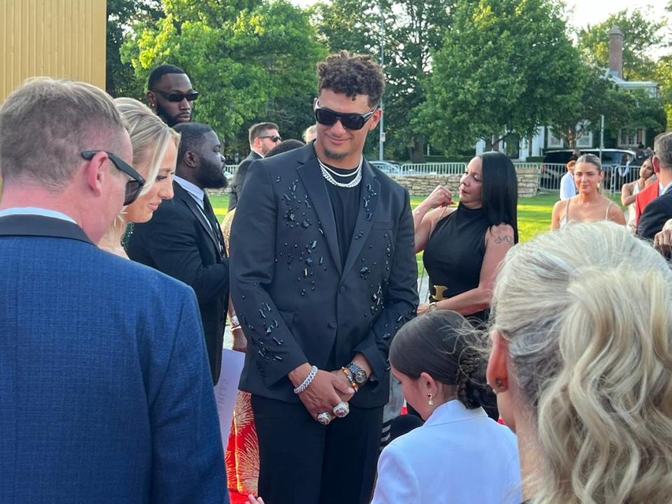 Kansas City Chiefs quarterback Patrick Mahomes along with his wife Brittany pause for a moment Thursday, June 13, 2024, during the Kansas City Chiefs Super Bowl LVIII Championship ring ceremony red carpet event at the Nelson-Atkins Museum of Art.