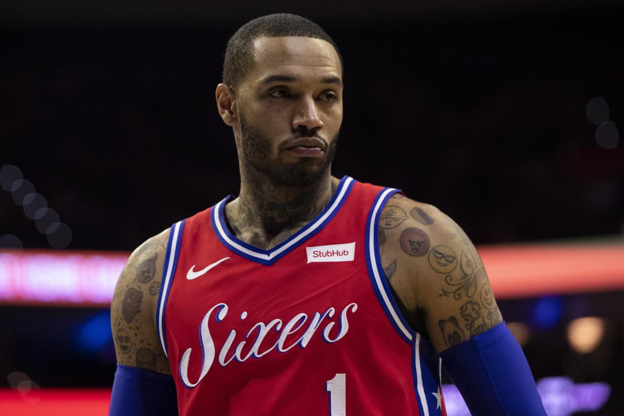 Philadelphia 76ers' Mike Scott looks on during the second half of an NBA basketball game against the Cleveland Cavaliers, Tuesday, March 12, 2019, in Philadelphia. The 76ers won 106-99. (AP Photo/Chris Szagola)