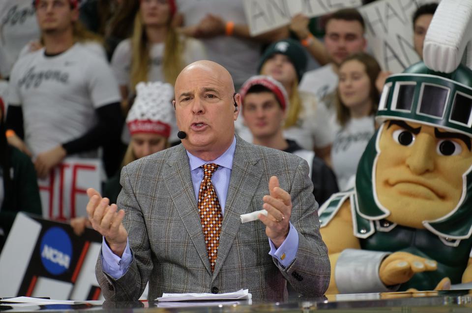 Seth Greenberg talks on-air as Sparty in background clowns around Saturday, Feb. 2, 2019.