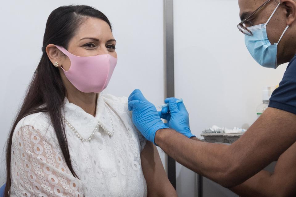 Home Secretary Priti Patel receives her first dose of the Moderna Covid-19 vaccine (PA)