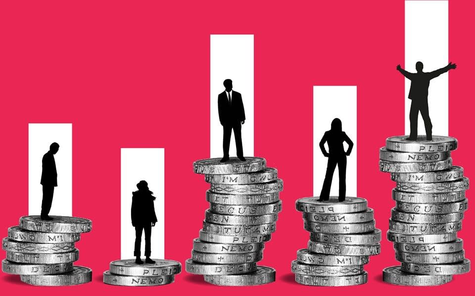 Piles of money with investors standing on them (illustration)