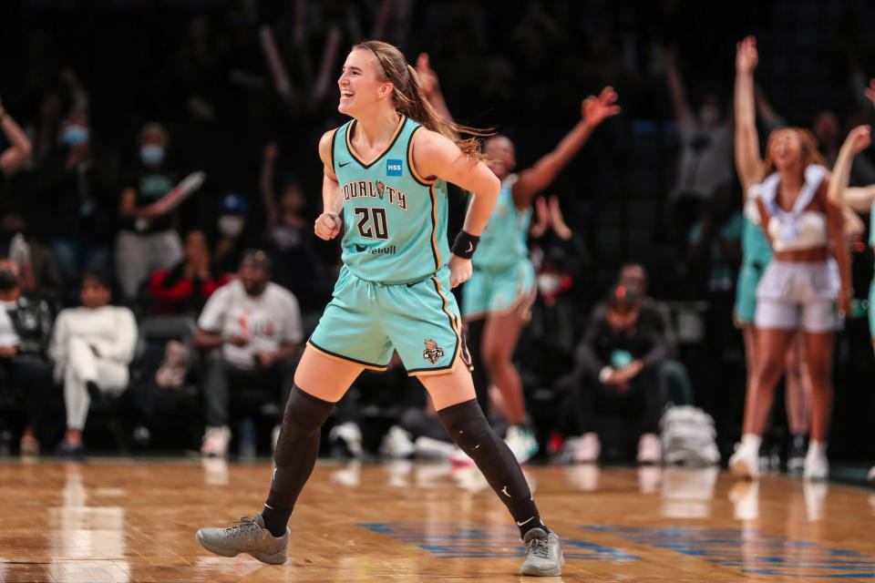 Jun 1, 2022; Brooklyn, New York, USA;  New York Liberty guard Sabrina Ionescu (20) at Barclays Center. Mandatory Credit: Wendell Cruz-USA TODAY Sports