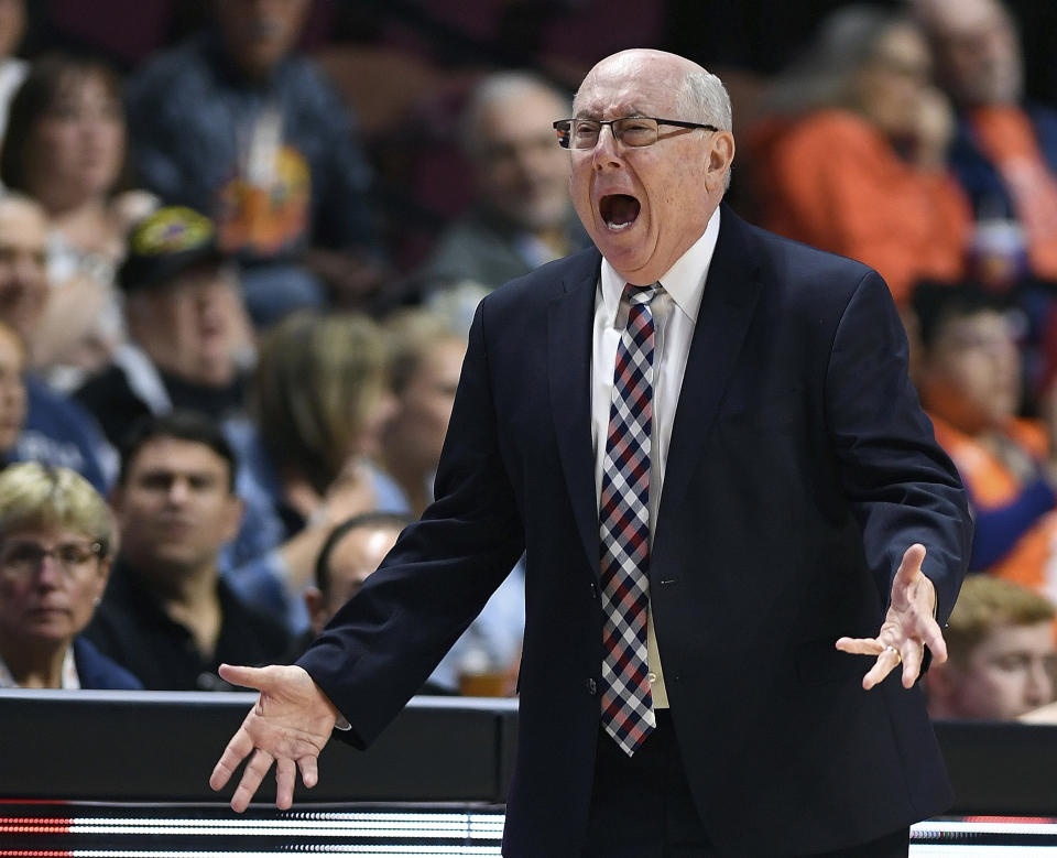FILE - In this June 11, 2019, file photo, Washington Mystics coach Mike Thibault argues with the officials during the second half of a WNBA basketball game against the Connecticut Sun in Uncasville, Conn. Thibault was chosen as the Associated Press WNBA coach of the year, Wednesday, Sept. 11, 2019. (Sean D. Elliot/The Day via AP, File)