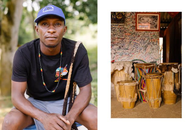 <p>Sofia Jaramillo</p> From left: Tour guide Victor Alfonso Miranda Salgado, in San Basilio de Palenque; traditional drums at the studio of Kombilesa Mi, a well-known band from San Basilio de Palenque.