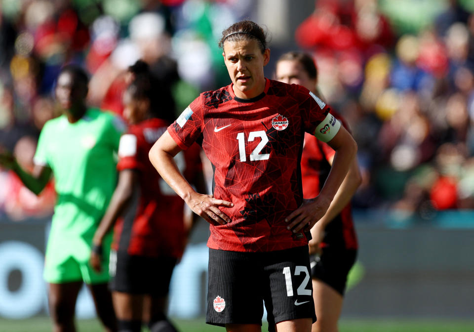 Soccer Football - FIFA Women’s World Cup Australia and New Zealand 2023 - Group B - Nigeria v Canada - Melbourne Rectangular Stadium, Melbourne, Australia - July 21, 2023 Canada's Christine Sinclair reacts REUTERS/Hannah Mckay