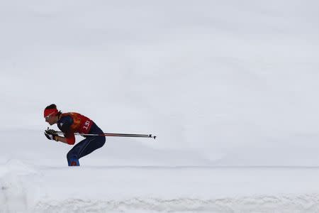 Russia's Maxim Vylegzhanin skis during the men's cross-country team sprint classic final at the Sochi 2014 Winter Olympics February 19, 2014. REUTERS/Michael Dalder