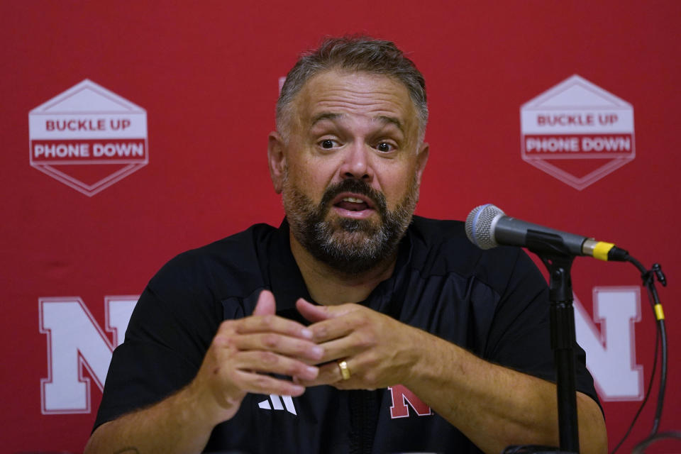 Nebraska coach Matt Rhule speaks during a news conference after the team's 13-10 loss to Minnesota in NCAA college football game Thursday, Aug. 31, 2023, in Minneapolis. (AP Photo/Abbie Parr)