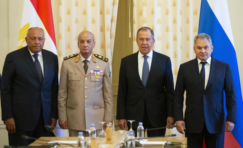 From left: Egyptian Foreign Minister Sameh Shoukry, Egyptian Defense Minister Mohamed Zaki, Russian Foreign Minister Sergey Lavrov, and Russian Defense Minister Sergei Shoigu pose for a photo prior to their talks in Moscow, Russia, Monday, June 24, 2019. Egyptian President Abdel-Fattah el-Sissi has moved to increase military cooperation with Russia, and the two nation‚ as foreign and defense ministers have held regular meetings. (AP Photo/Alexander Zemlianichenko)