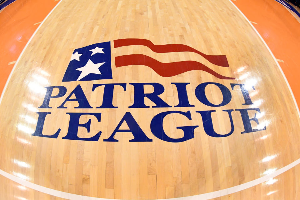 LEWISBURG, PA - DECEMBER 29:  The Patriot League logo on the floor before a college basketball game between the American University Eagles and the Bucknell Bison Eagles at the Sojka Pavilion on December 29, 2017 in Lewisburg, Pennsylvania.  The Bison won 84-55.  (Photo by Mitchell Layton/Getty Images) *** Local Caption ***