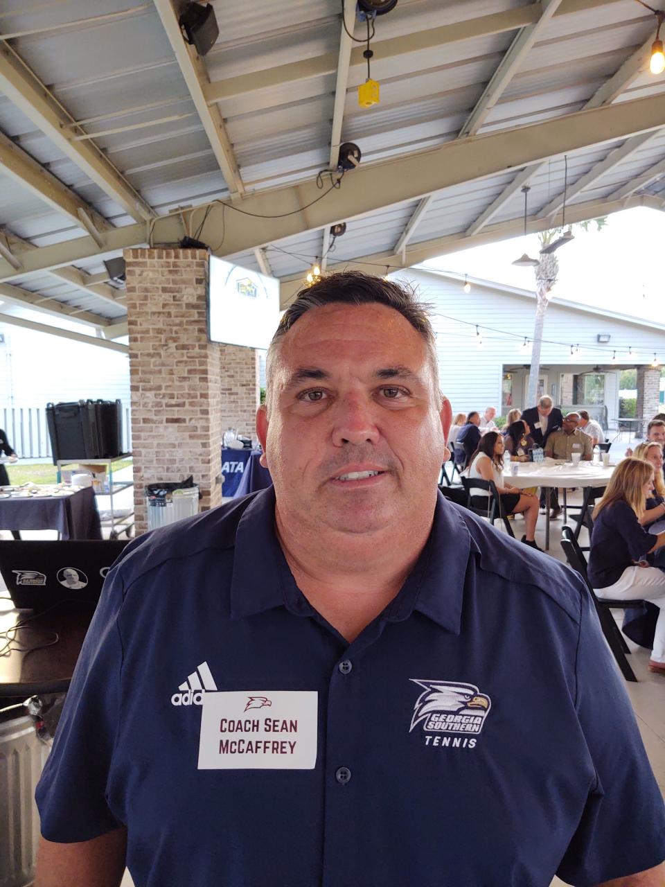 Georgia Southern women's tennis coach Sean McCaffrey during the Eagle Club Tour stop on April 30, 2021, at Forest City Gun Club in Savannah.