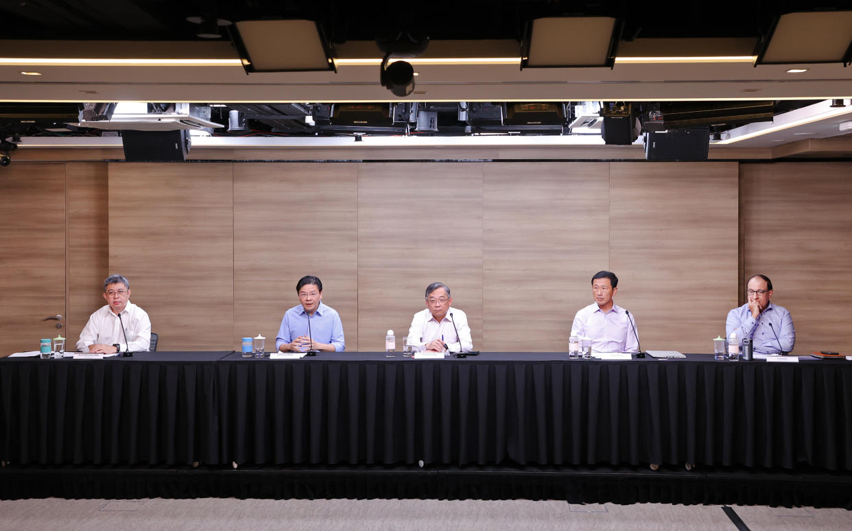 Singapore's multi-ministry task force on COVID-19 addresses reporters at a virtual media briefing (PHOTO: Ministry of Communications and Information)