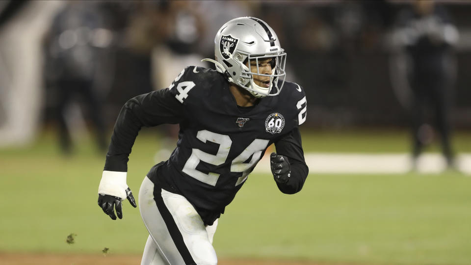 Oakland Raiders defensive back Johnathan Abram (24) rushes to cover an open receiver during an NFL football game, Monday, Sept. 9, 2019, in Oakland, Calif. (AP Photo/Peter Joneleit)