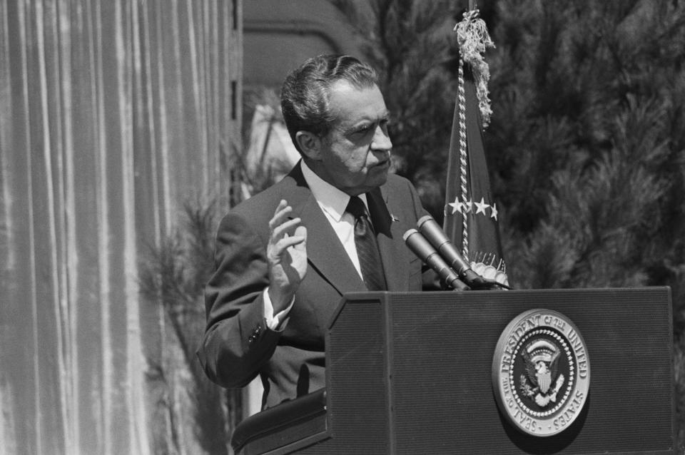 President Nixon in August 1973, conducting the first press conference in nine months, answers one of the first questions asked regarding his withholding of the tapes involved in the Watergate affair. (Photo: Bettmann via Getty Images)