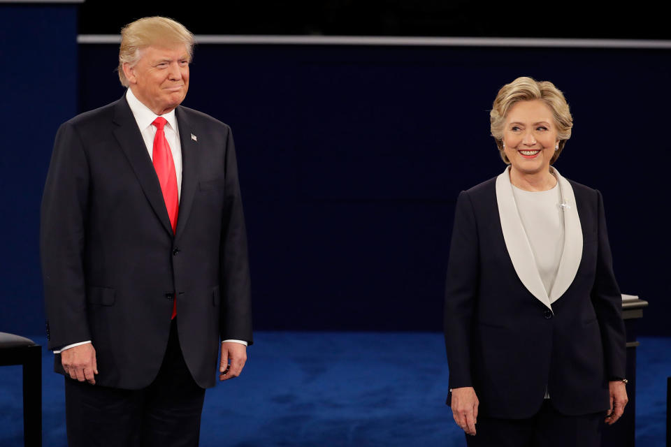 Trump stands next to Clinton during the second presidential debate, Oct. 9, 2016. (Photo: Julio Cortez/AP)