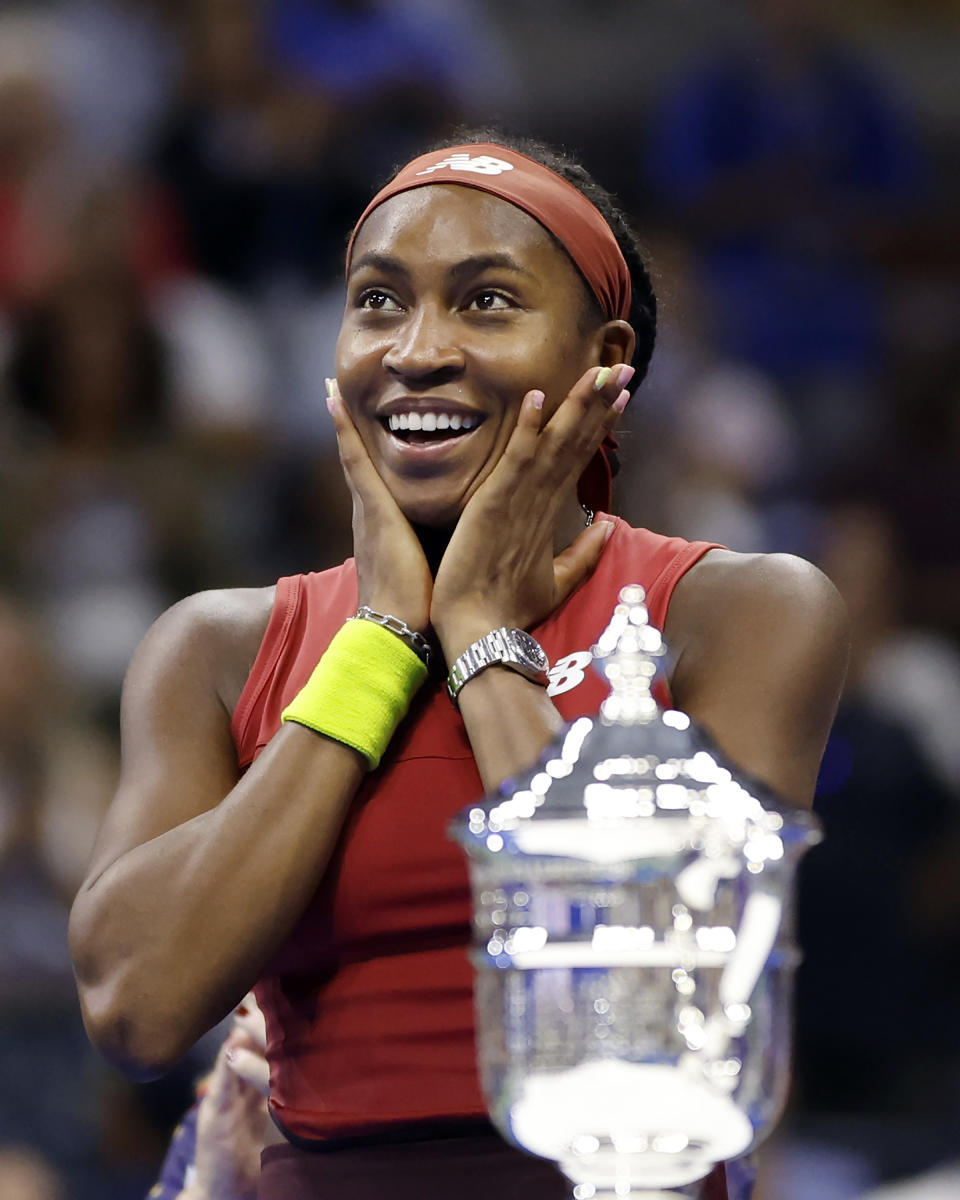 Coco Gauff of the United States celebrates with the trophy after defeating Aryna Sabalenka of Belarus in their Women’s Singles Final match on Day Thirteen of the 2023 US Open at the USTA Billie Jean King National Tennis Center on September 09, 2023 in the Flushing neighborhood of the Queens borough of New York City.