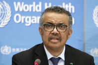 FILE - In this Feb. 24, 2020, file photo, Tedros Adhanom Ghebreyesus, Director General of the World Health Organization (WHO), addresses a press conference about the update on COVID-19 at the World Health Organization headquarters in Geneva, Switzerland. Taiwan's foreign ministry on Thursday, April 8, 2020 strongly protested accusations from the head of the World Health Organization that it condoned racist personal attacks on him that he alleged were coming from the self-governing island democracy. (Salvatore Di Nolfi/Keystone via AP, File)