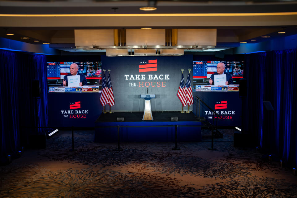 WASHINGTON, DC - NOVEMBER 09: The National Ballroom sits empty at 11:47pm eastern time, waiting for the arrival of Rep. Kevin McCarthy (R-CA) during an election night watch party at The Westin, City Center on Wednesday, Nov. 9, 2022 in Washington, DC.  (Kent Nishimura / Los Angeles Times via Getty Images)