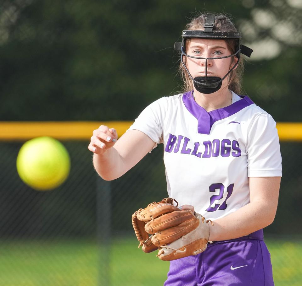 Brownsburg pitcher Kelsey Endress (21) competes during the Carmel Softball Invitational on Saturday, April 23, 2022, at Cherry Tree Softball Complex in Carmel. 