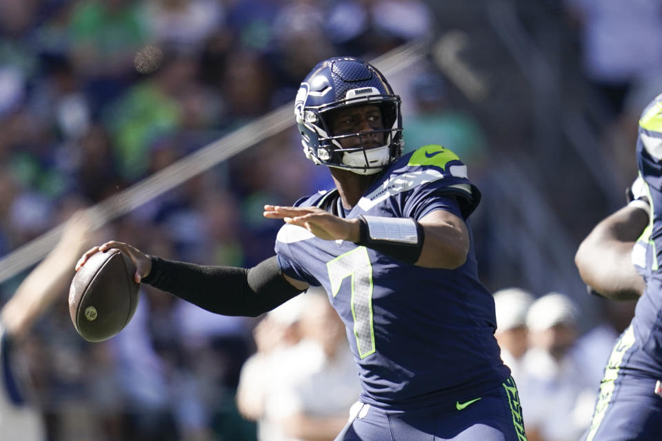 Seattle Seahawks quarterback Geno Smith throws a pass during the first half of an NFL football game against the Atlanta Falcons Sunday, Sept. 25, 2022, in Seattle. (AP Photo/Ashley Landis)