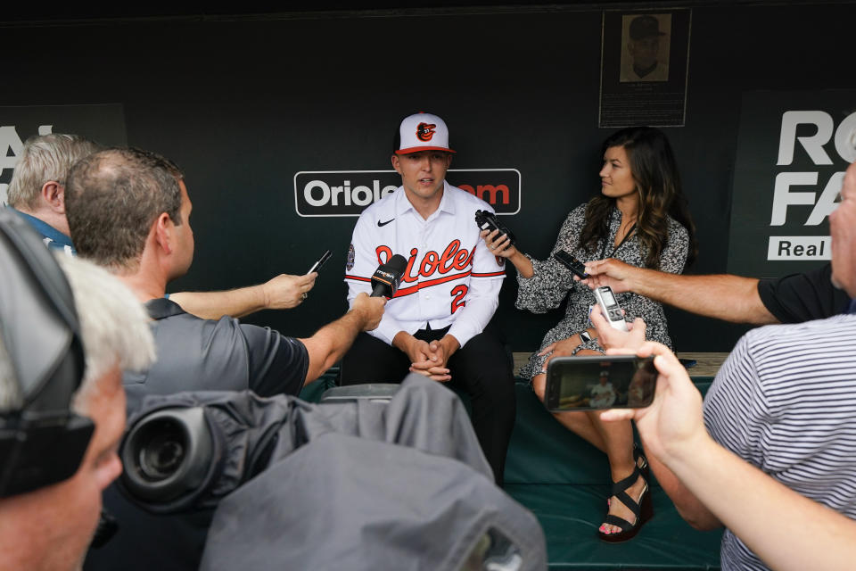 Max Wagner, the Baltimore Orioles second round pick, 42nd overall, in the 2022 draft, speaks to reporters prior to a baseball game between the Orioles and the Tampa Bay Rays, Tuesday, July 26, 2022, in Baltimore. (AP Photo/Julio Cortez)