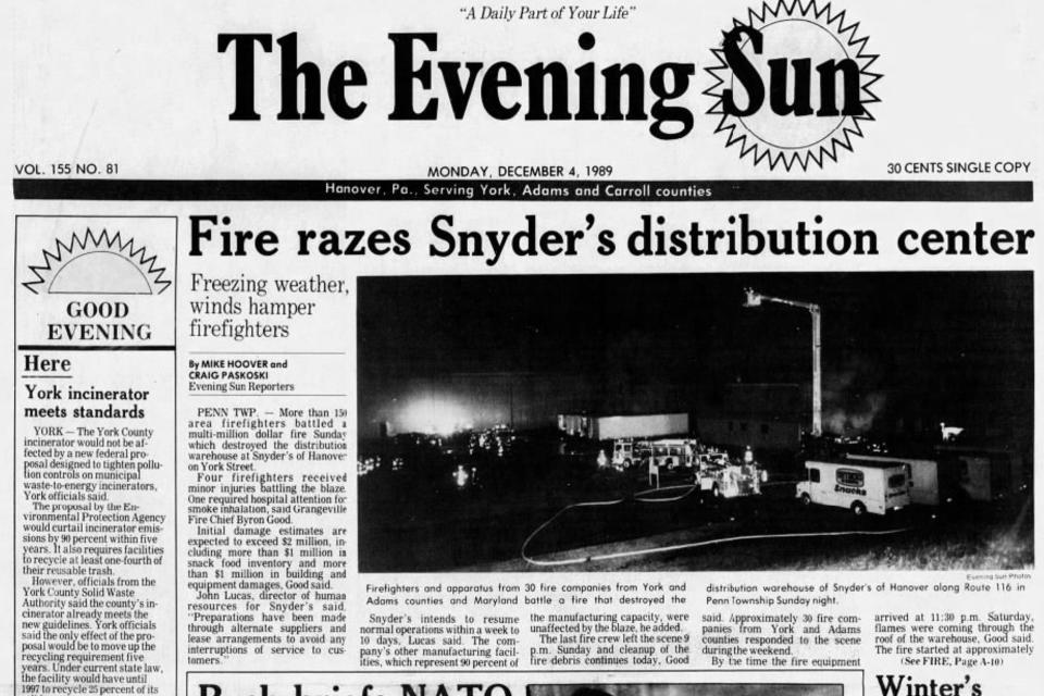 The Dec. 4, 1989 edition of The Evening Sun covers a massive fire at the Snyder's distribution center.