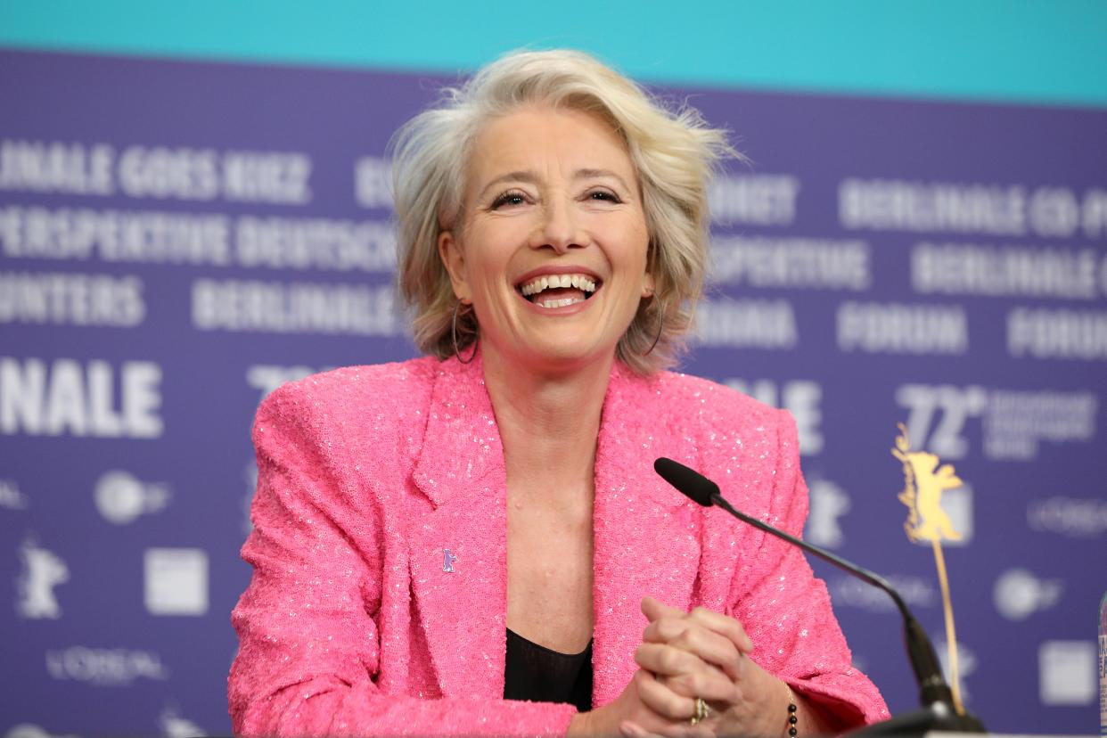 Emma Thompson laughs at the "Good Luck to You, Leo Grande" press conference during the 72nd Berlinale International Film Festival Berlin at Grand Hyatt Hotel on February 12, 2022 in Berlin, Germany