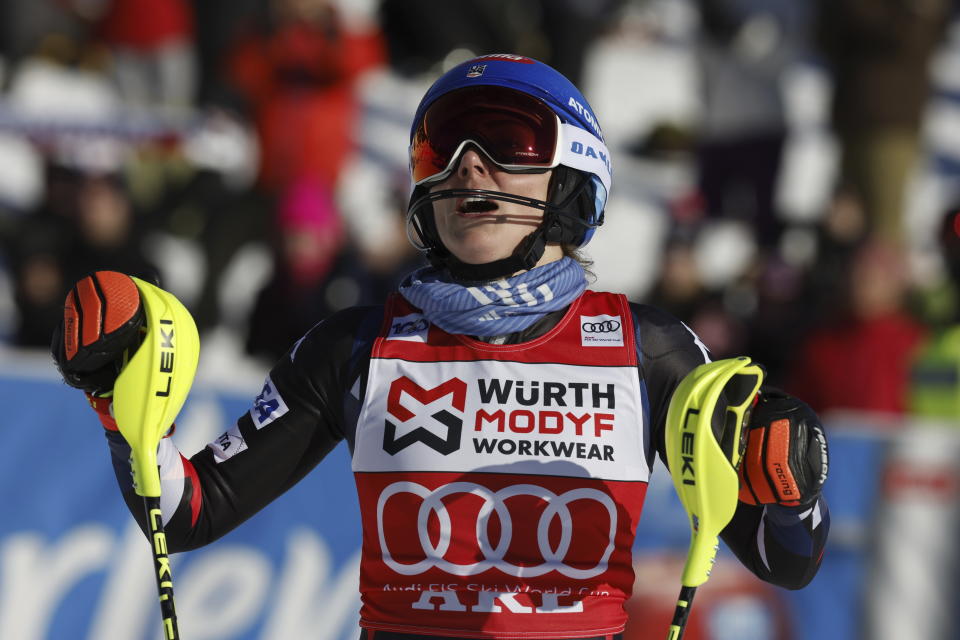 United States' Mikaela Shiffrin reacts after winning an alpine ski, women's World Cup slalom, in Are, Sweden, Sunday, March 10, 2024. (AP Photo/Alessandro Trovati)