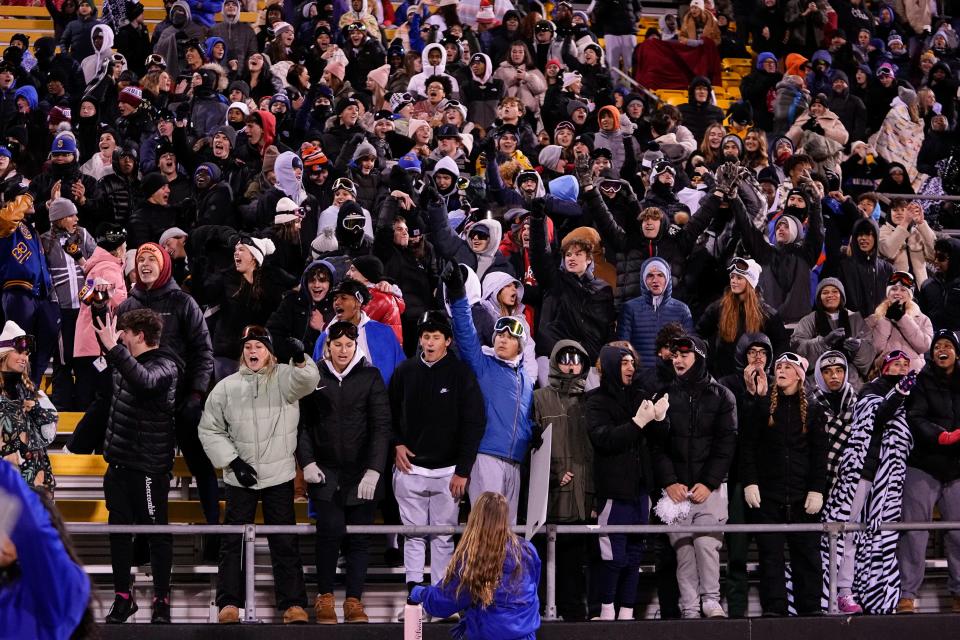 Nov 18, 2022; Columbus, Ohio, USA;  Gahanna Lincoln Lions students cheer during the second half of the high school football Div. I regional final against the New Albany Eagles at Historic Crew Stadium. Gahanna won 25-17. Mandatory Credit: Adam Cairns-The Columbus Dispatch