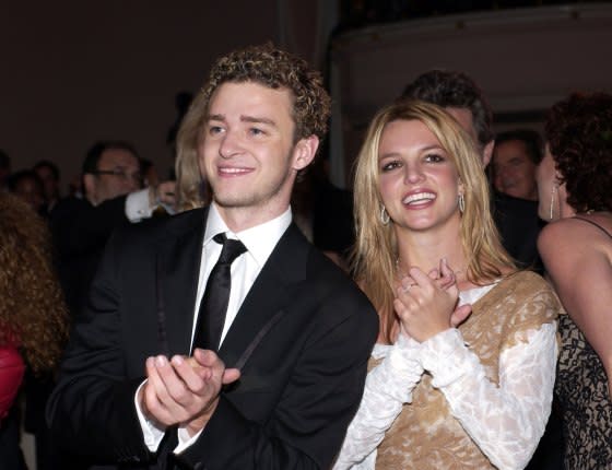 Justin Timberlake and Britney Spears at the 44th Annual Grammy Awards in 2002.<span class="copyright">L. Cohen—WireImage/Getty Images</span>