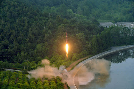 A ballistic rocket is test-fired through a precision control guidance system in this undated photo released by North Korea's Korean Central News Agency (KCNA) May 30, 2017. KCNA/via REUTERS