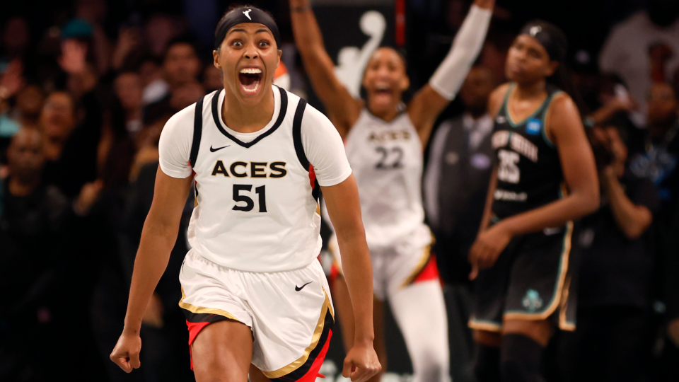 Aces player Sydney Colson after winning the 2023 championship (Sarah Stier/Getty Images)