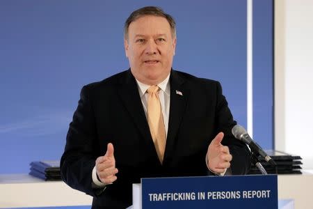 U.S. Secretary of State Mike Pompeo speaks during an event to unveil the 2018 Trafficking in Persons (TIP) Report at the State Department in Washington, U.S., June 28, 2018. REUTERS/Yuri Gripas