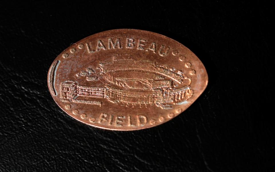 A Lambeau Field pressed penny from a machine in the Packers Pro Shop pictured on Jan. 24, 2022, in Green Bay, Wis.