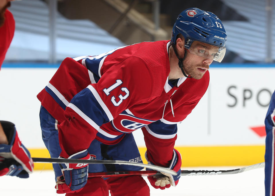 TORONTO, ONTARIO - AUGUST 18: Max Domi #13 of the Montreal Canadiens lines up in position for a defensive zone face-off in the third period of Game Four of the Eastern Conference First Round of the 2020 NHL Stanley Cup Playoff between the Philadelphia Flyers and the Montreal Canadiens at Scotiabank Arena on August 18, 2020 in Toronto, Ontario. (Photo by Chase Agnello-Dean/NHLI via Getty Images)