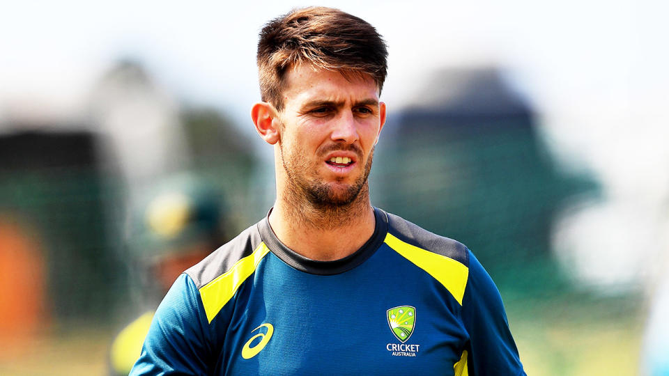 Mitchell Marsh getting ready to bowl in training.