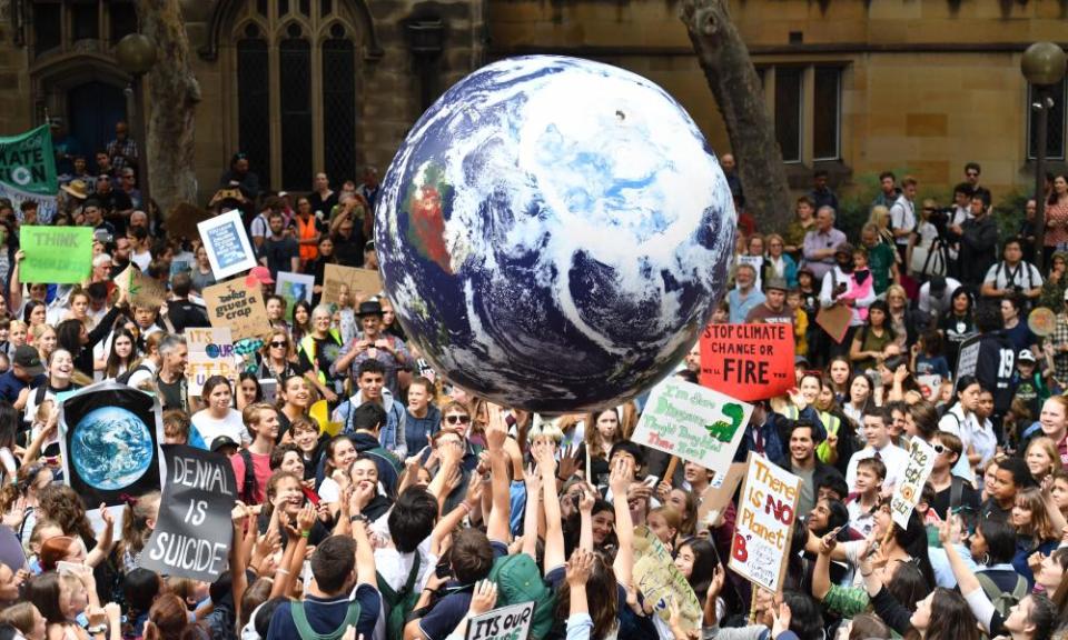 School students from across Sydney attend the global #ClimateStrike rally at the Town Hall in March 2019