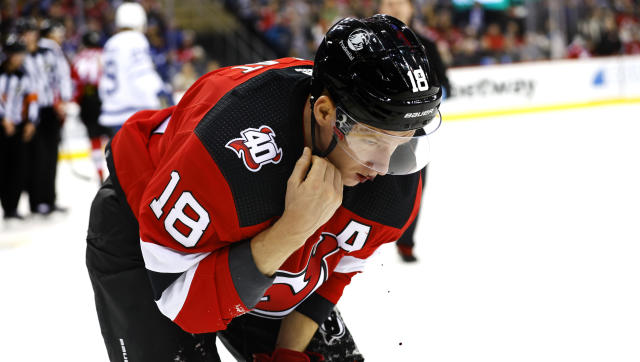 Ondrej Palat of the New Jersey Devils skates by during a stop in