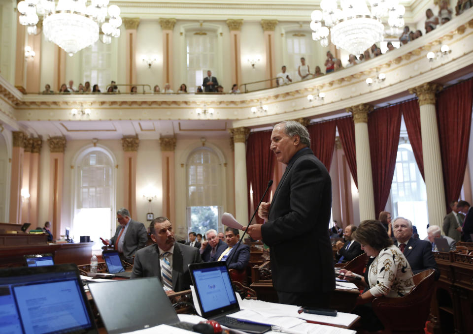 State Sen. Jeff Stone, R-Temecula urged lawmakers to reject a companion measure to recently passed legislation to tighten the rules on giving exemptions for vaccinations, at the Capitol in Sacramento, Calif., Monday, Sept. 9, 2019. The measure was approved by both houses of the Legislature and signed by Gov.Gavin Newsom. (AP Photo/Rich Pedroncelli)